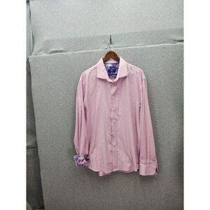 Egara Mens Non-Iron XXL Pink Gingham Dress Shirt With Floral Inner Collar & Cuff